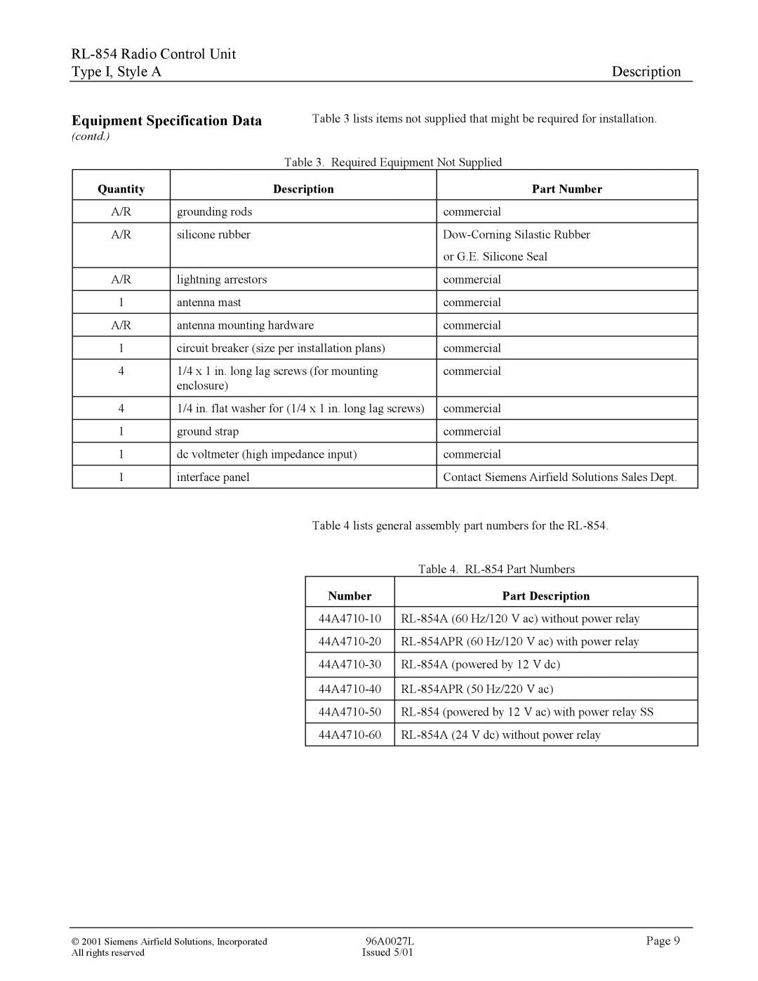 Siemens RL-854 manual Quantity Description Part Number, Number Part Description 