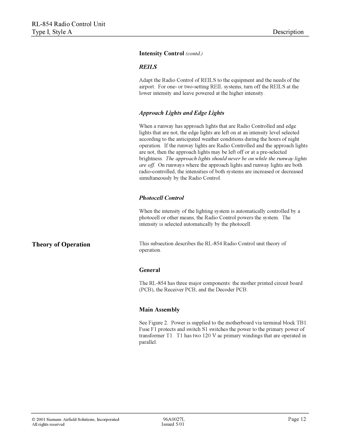 Siemens RL-854 manual Theory of Operation, General 