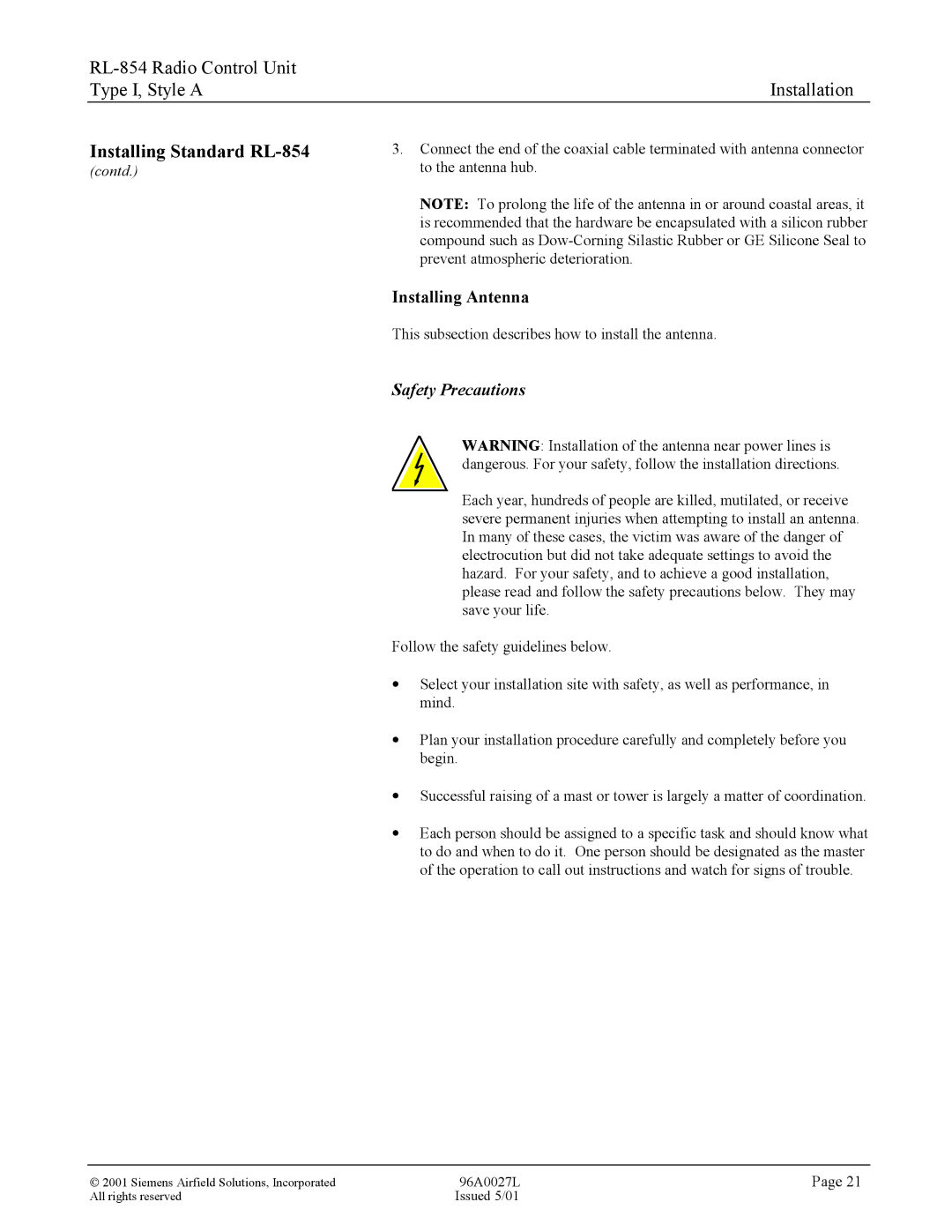 Siemens RL-854 manual Installing Antenna, Safety Precautions 