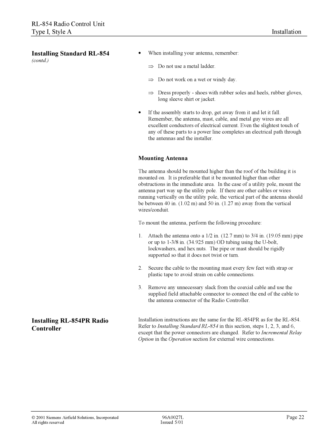 Siemens manual Installing RL-854PR Radio Controller, Mounting Antenna 