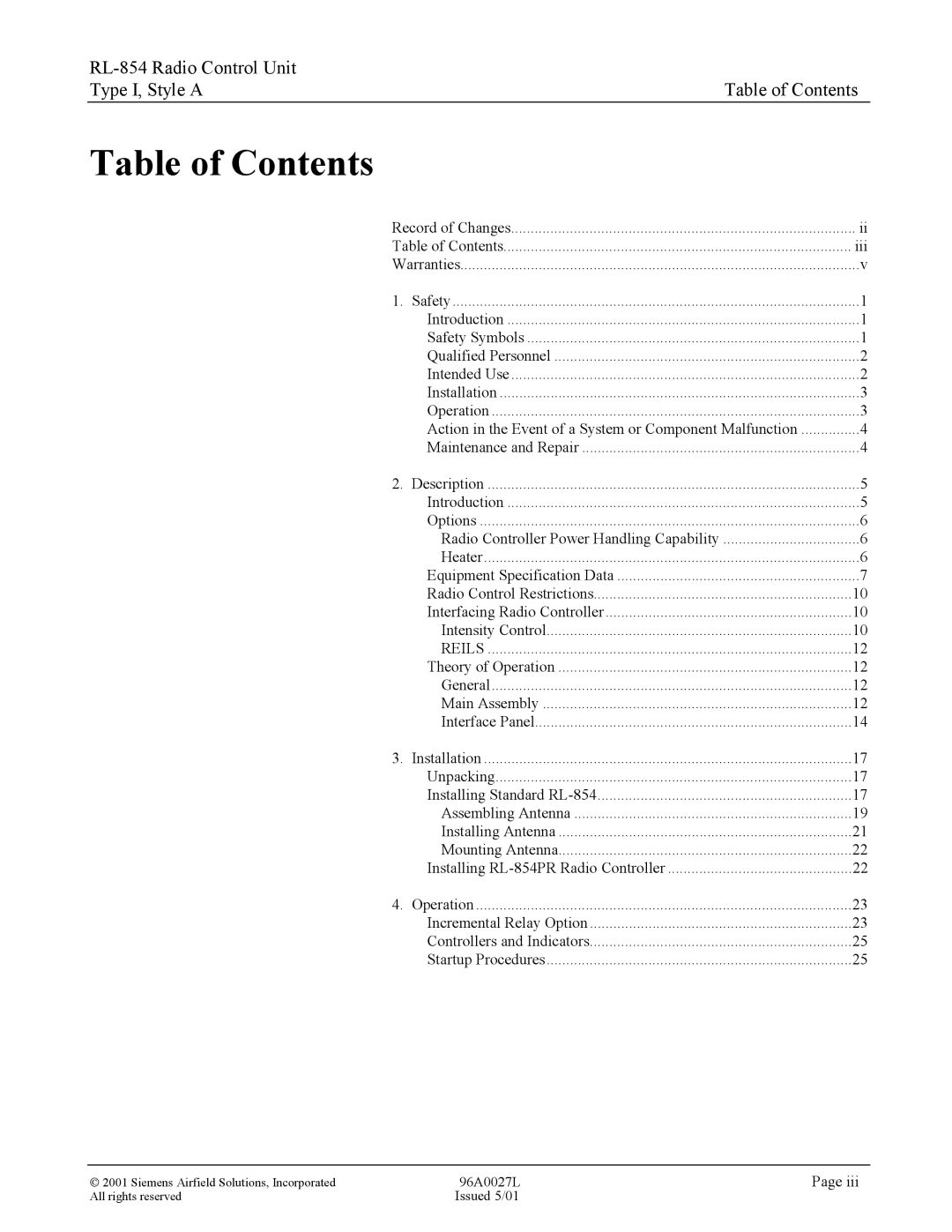 Siemens RL-854 manual Table of Contents 