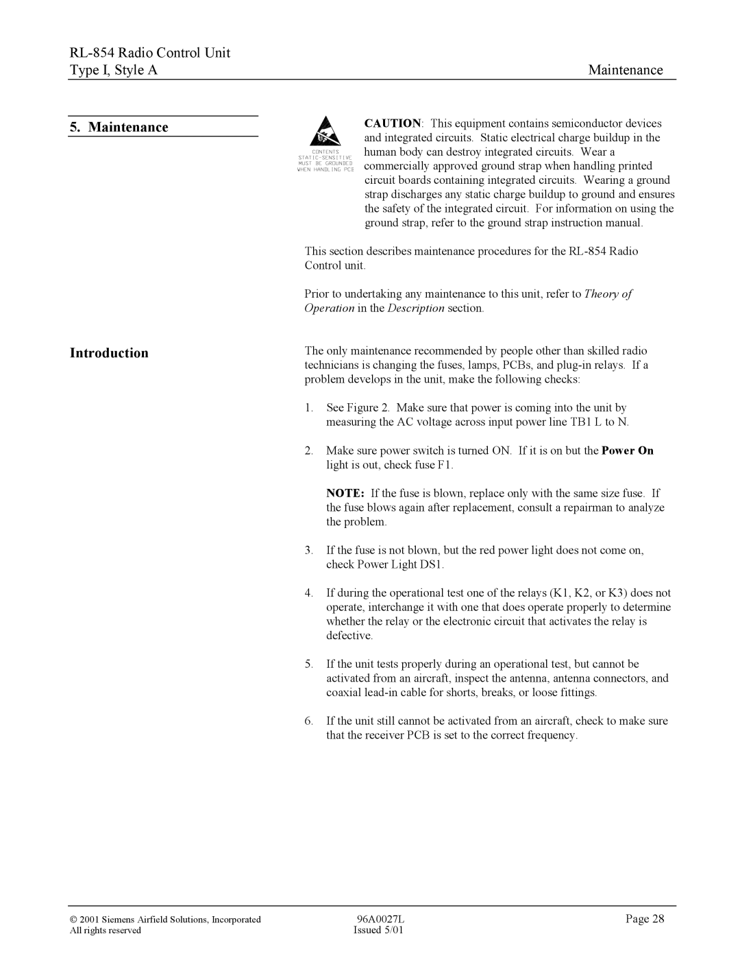 Siemens RL-854 manual Maintenance Introduction 