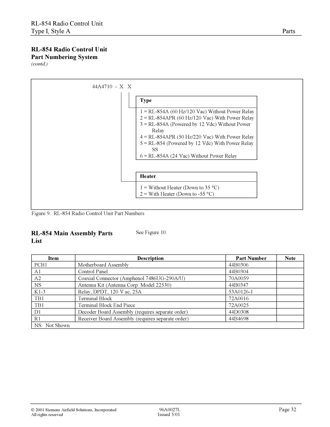 Siemens manual RL-854 Main Assembly Parts List, Type, Heater 