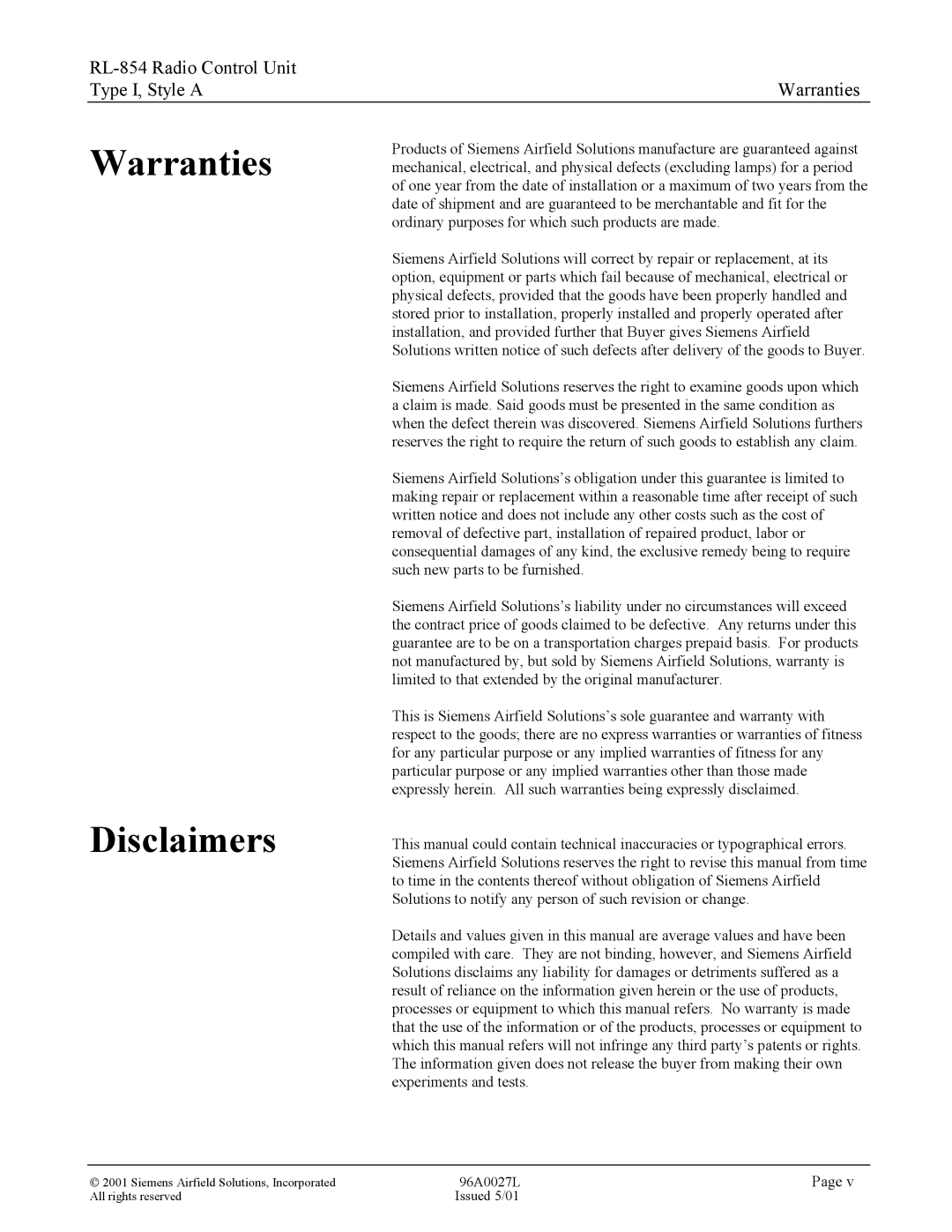 Siemens RL-854 manual Warranties Disclaimers 