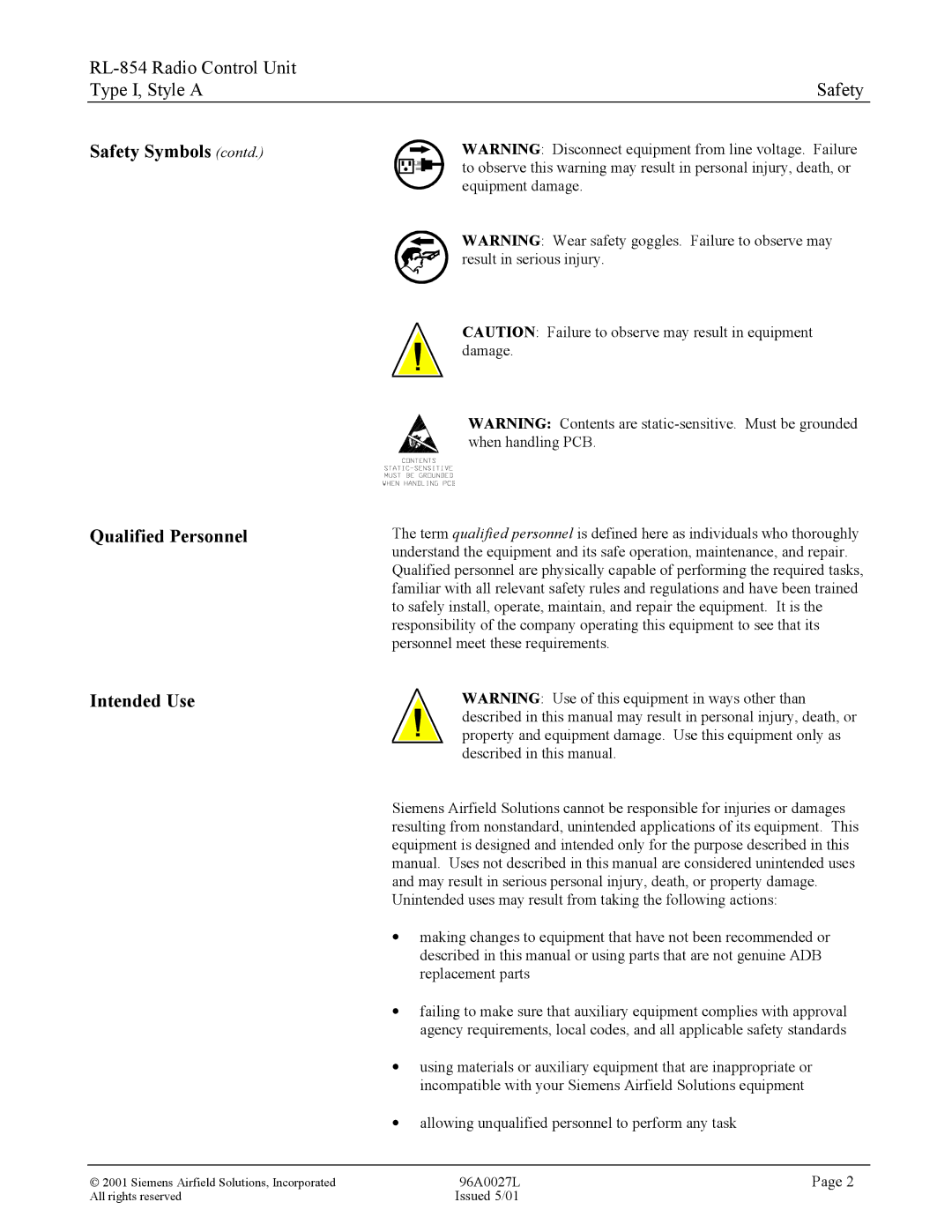 Siemens RL-854 manual Safety Symbols contd Qualified Personnel, Intended Use 