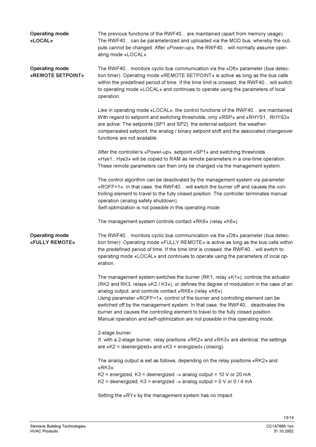 Siemens RS-485 manual Operating mode 