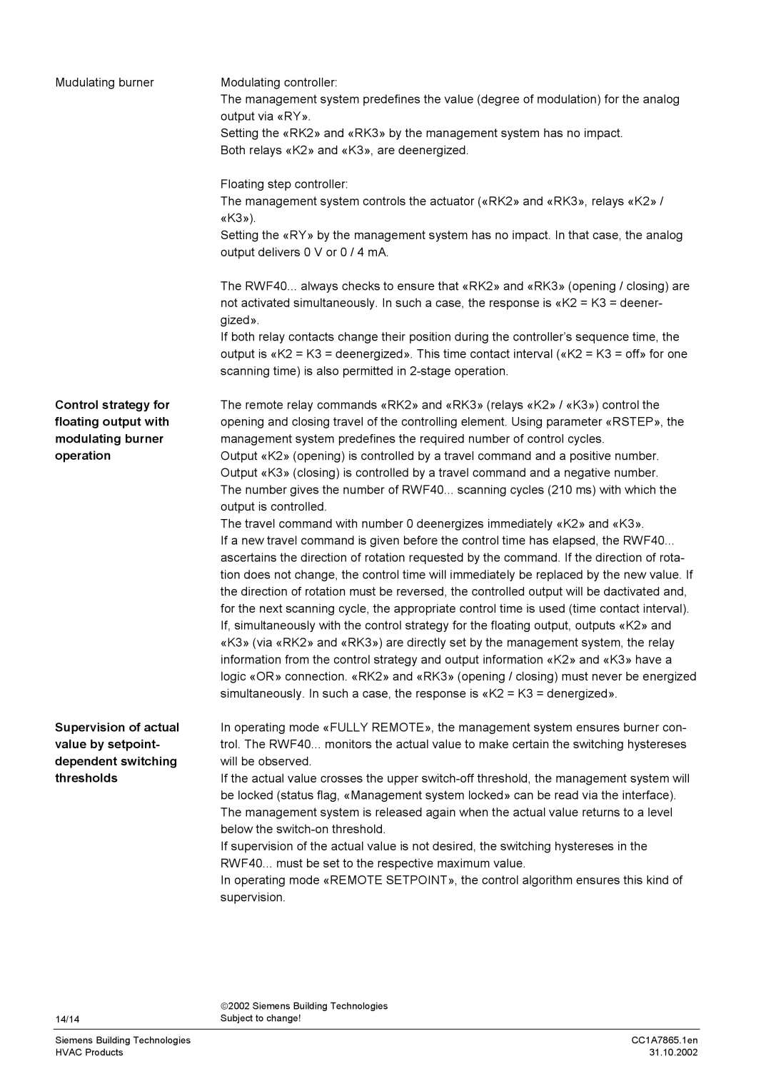 Siemens RS-485 Control strategy for, Floating output with, Modulating burner, Operation, Supervision of actual, Thresholds 