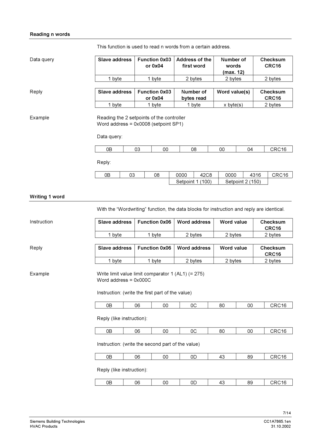 Siemens RS-485 manual Reading n words, Writing 1 word 