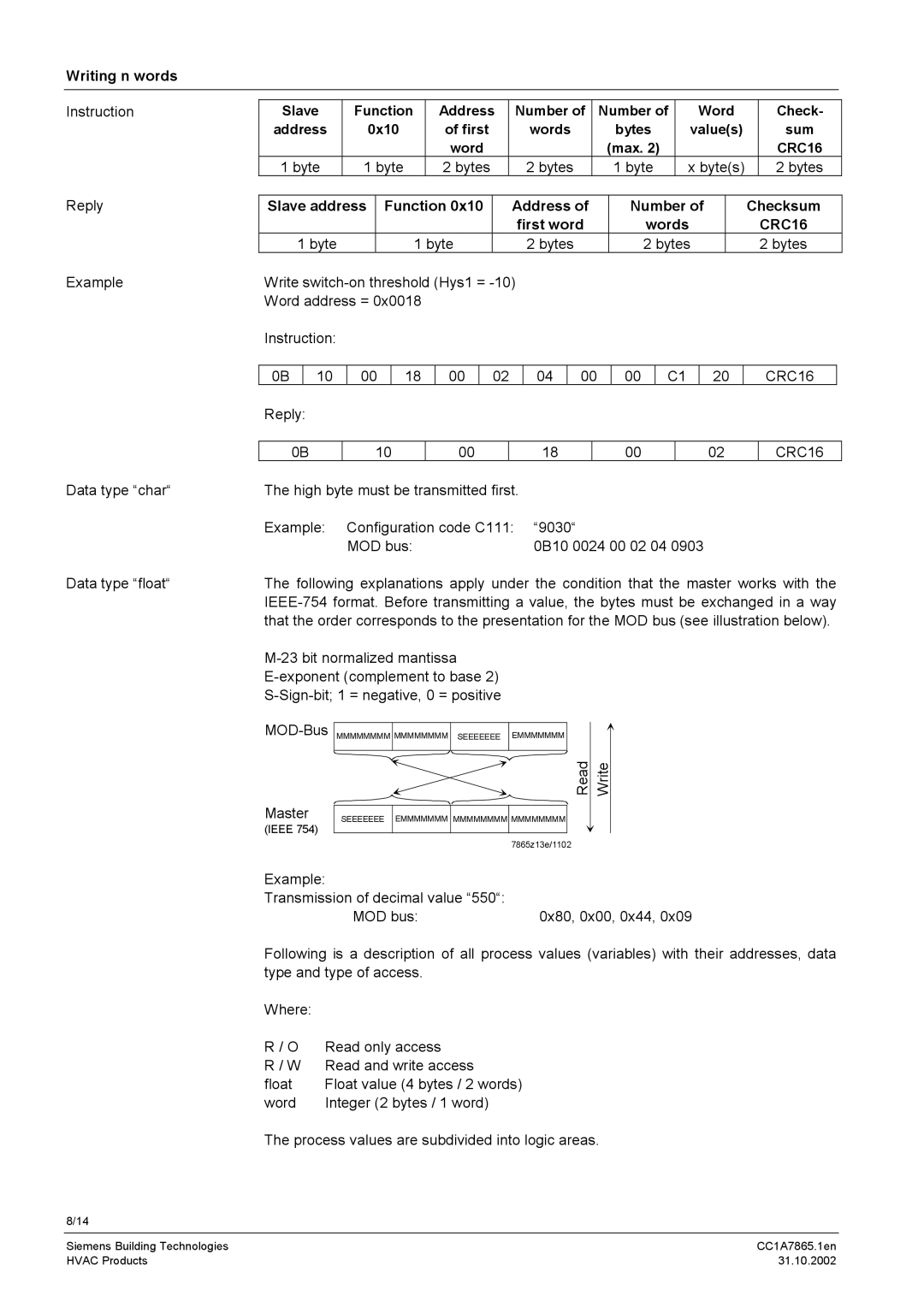 Siemens RS-485 Writing n words Instruction, Reply, Address, Words, Example Write switch-on threshold Hys1 = Word address = 