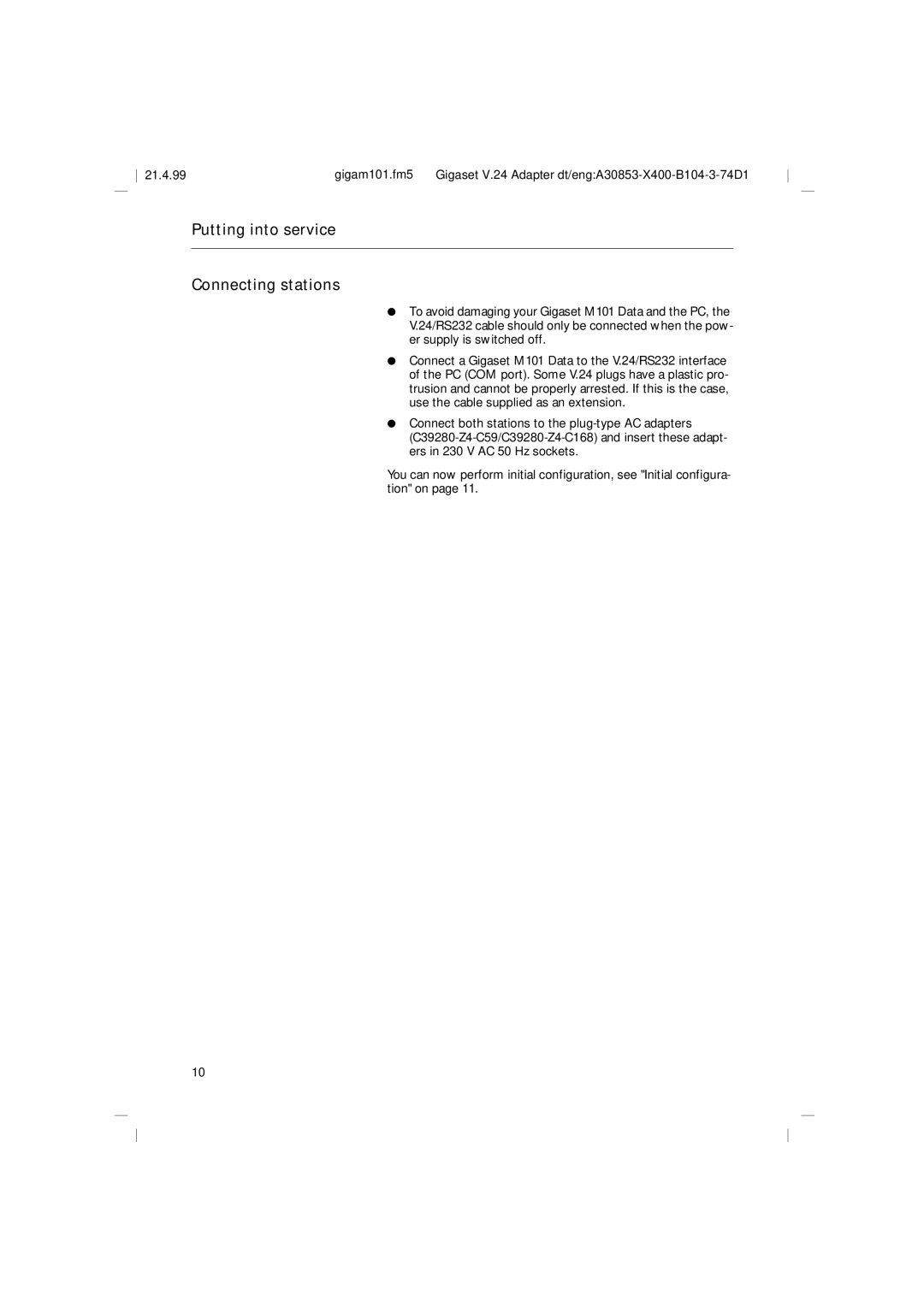 Siemens RS232, M101 operating instructions Putting into service Connecting stations 