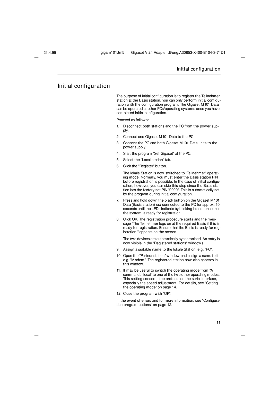 Siemens M101, RS232 operating instructions Initial configuration 