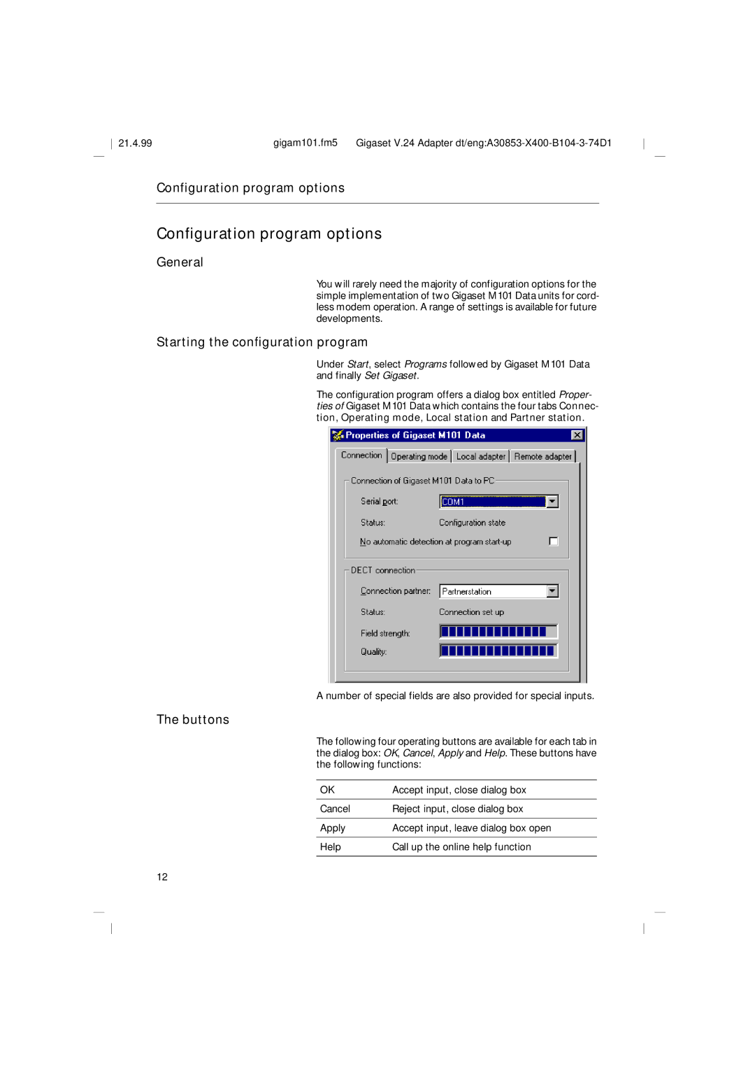 Siemens RS232, M101 Configuration program options, General, Starting the configuration program, Buttons 