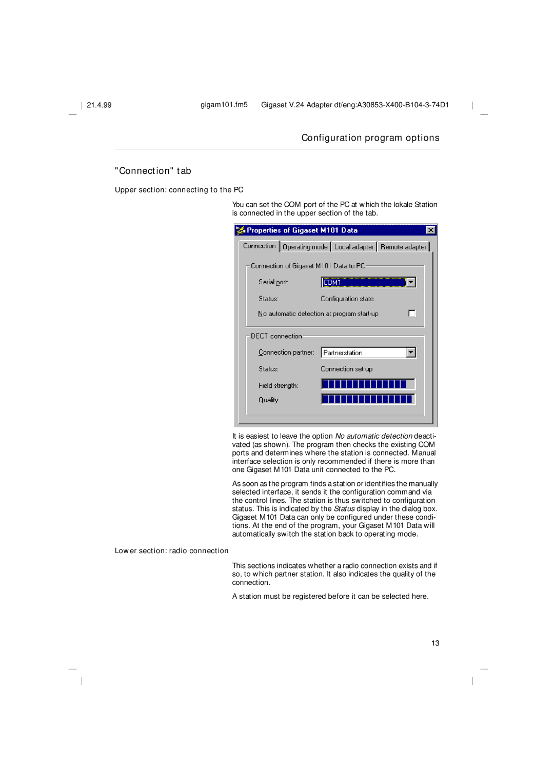 Siemens M101, RS232 operating instructions Configuration program options Connection tab, Upper section connecting to the PC 