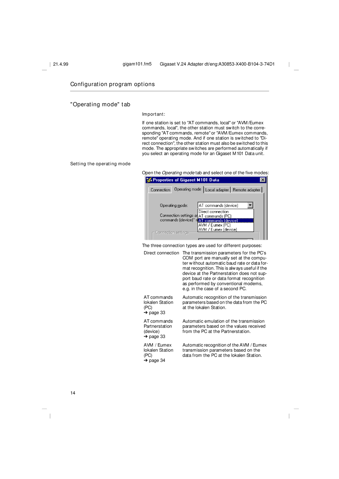 Siemens RS232, M101 operating instructions Configuration program options Operating mode tab, Setting the operating mode 