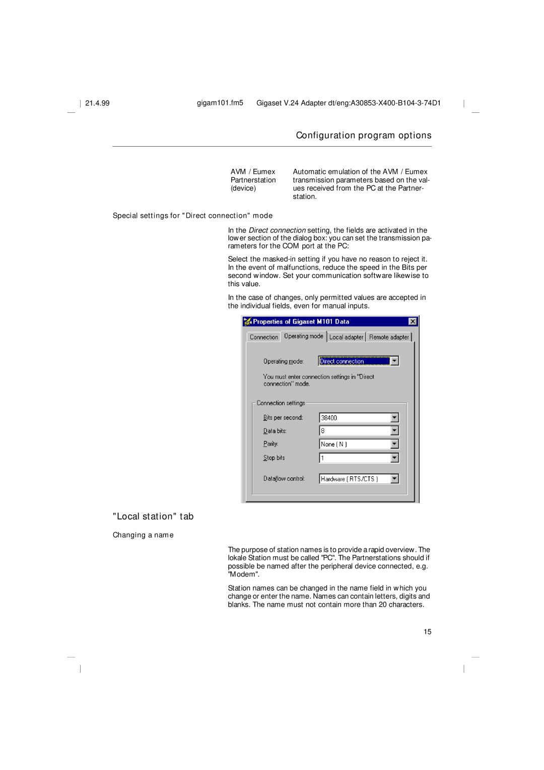 Siemens M101, RS232 operating instructions Local station tab, Special settings for Direct connection mode, Changing a name 