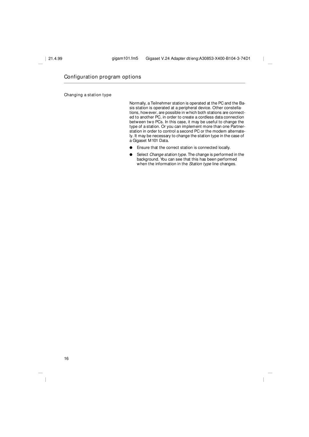 Siemens RS232, M101 operating instructions Changing a station type 