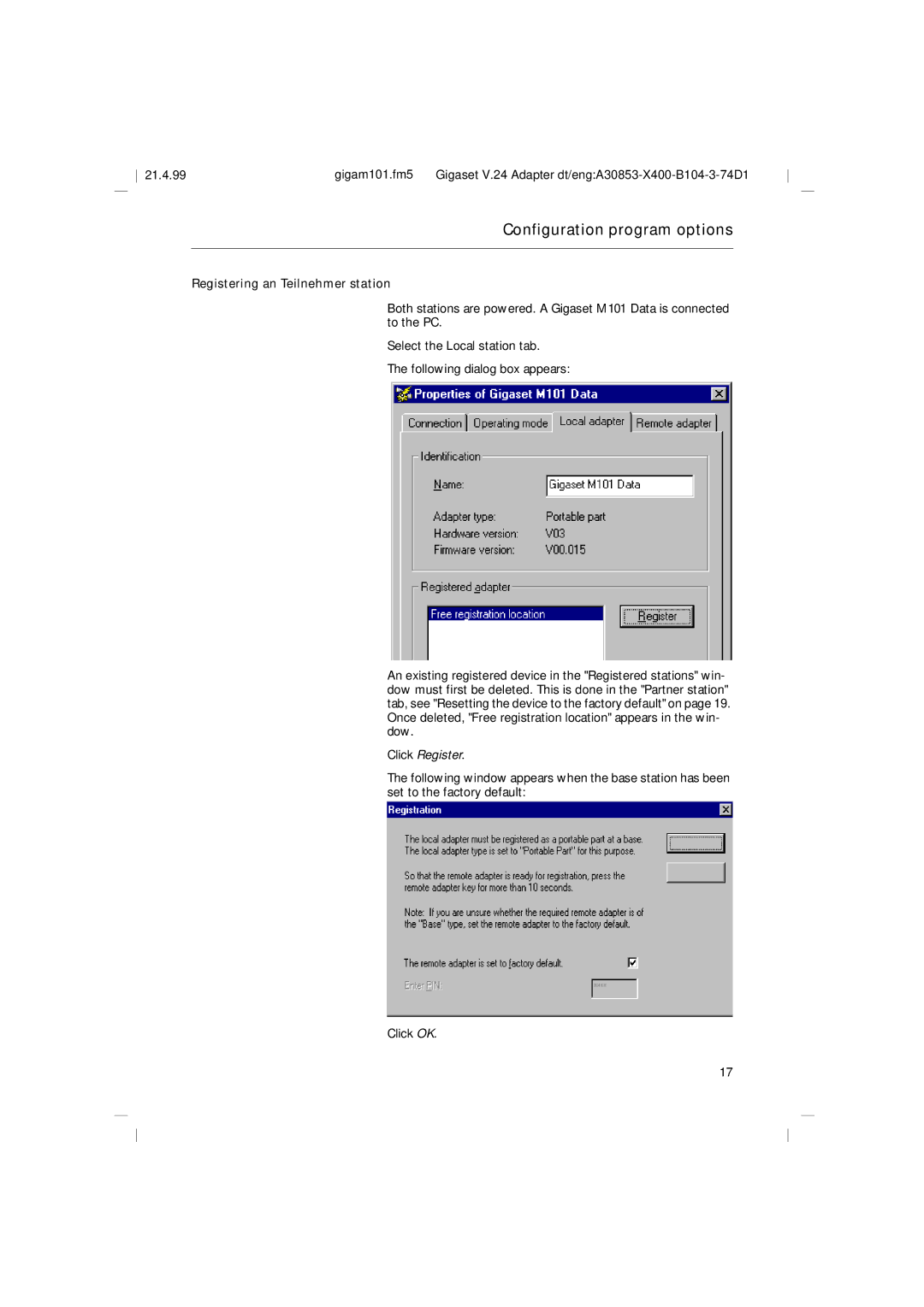 Siemens M101, RS232 operating instructions Registering an Teilnehmer station, Click Register 