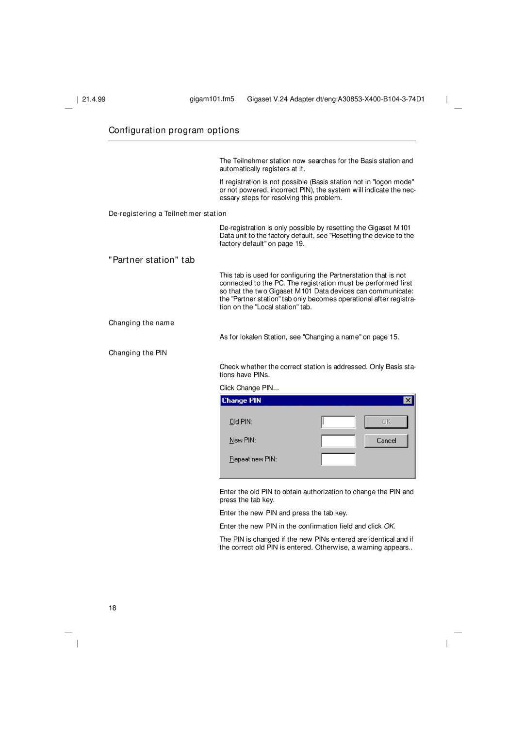 Siemens RS232, M101 Partner station tab, De-registering a Teilnehmer station, Changing the name, Changing the PIN 