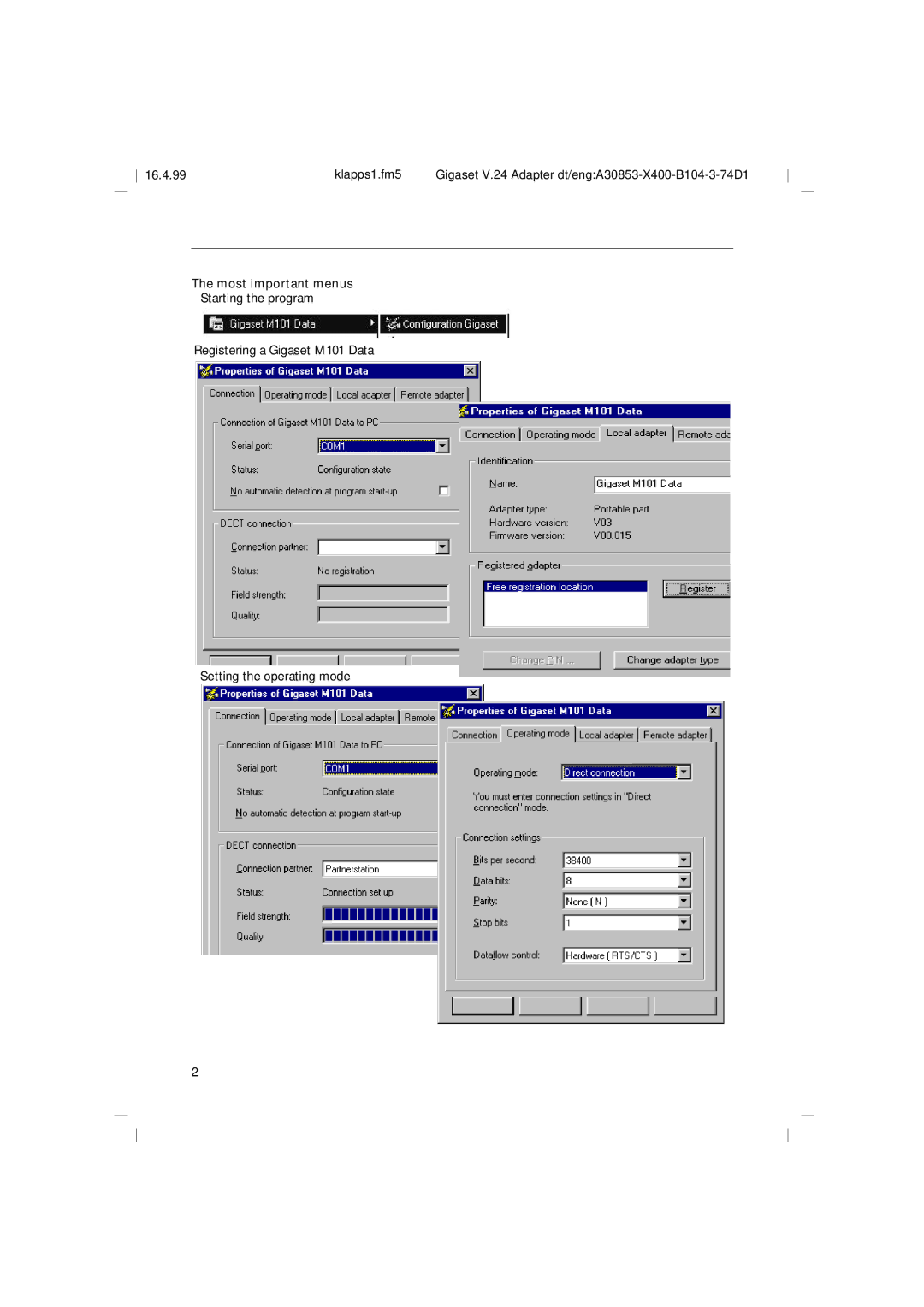 Siemens RS232 operating instructions Registering a Gigaset M101 Data Setting the operating mode 