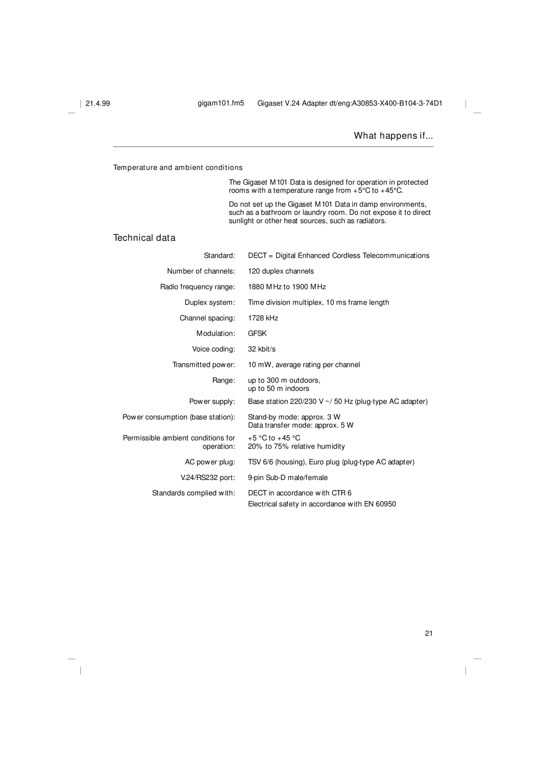 Siemens M101, RS232 operating instructions Technical data, Temperature and ambient conditions 