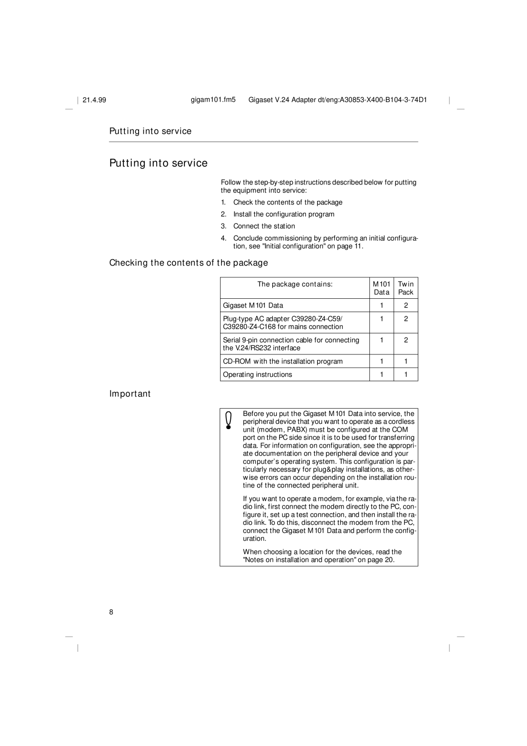 Siemens RS232, M101 operating instructions Putting into service, Checking the contents of the package 