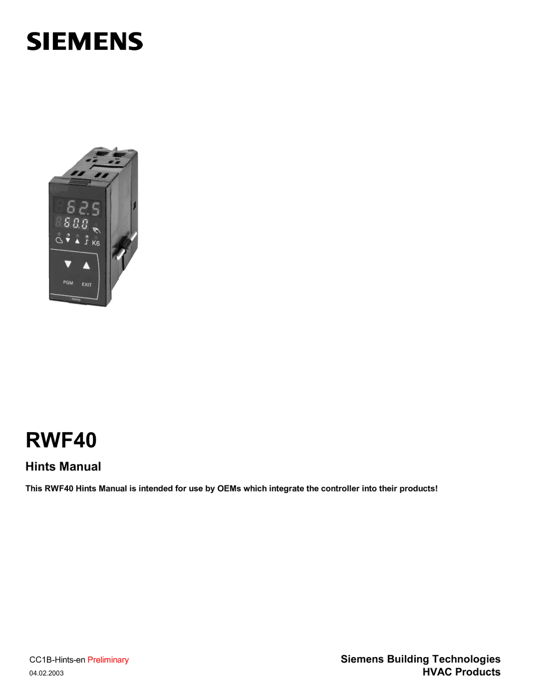 Siemens RWF40 manual 04.02.2003 