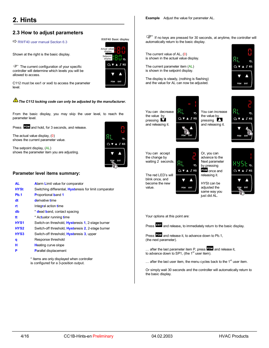 Siemens RWF40 manual How to adjust parameters, Parameter level items summary 