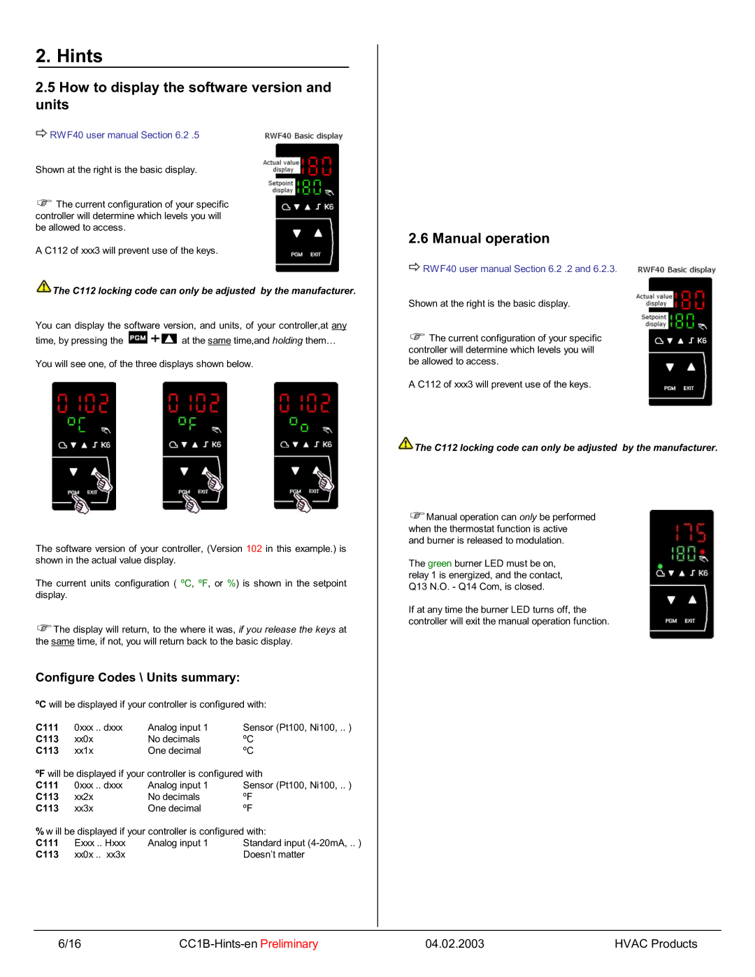 Siemens RWF40 manual How to display the software version and units, Manual operation, Configure Codes \ Units summary 