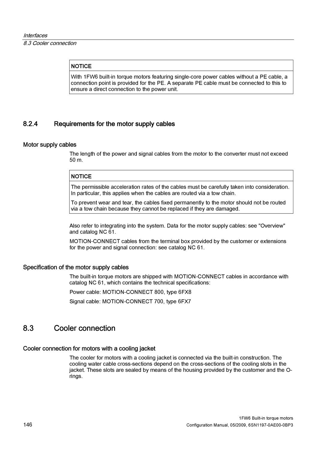 Siemens S120 configurationmanual Cooler connection, Requirements for the motor supply cables, Motor supply cables 