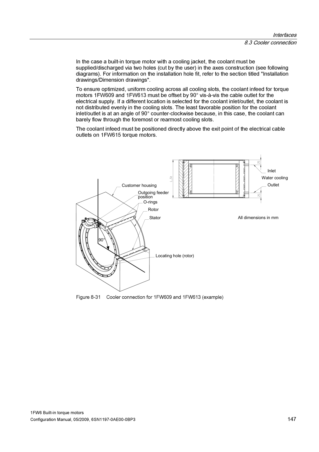 Siemens S120 configurationmanual Interfaces 8.3 Cooler connection, Cooler connection for 1FW609 and 1FW613 example 