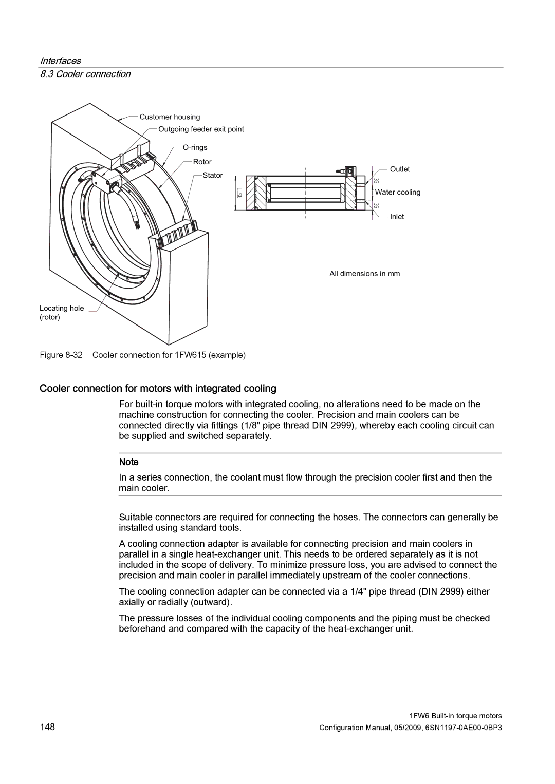 Siemens S120 configurationmanual Cooler connection for motors with integrated cooling, Cooler connection for 1FW615 example 