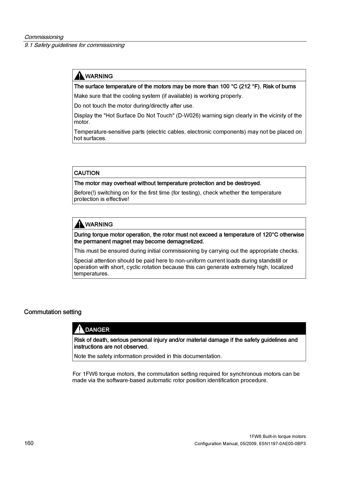 Siemens S120 configurationmanual Commutation setting, Commissioning Safety guidelines for commissioning 