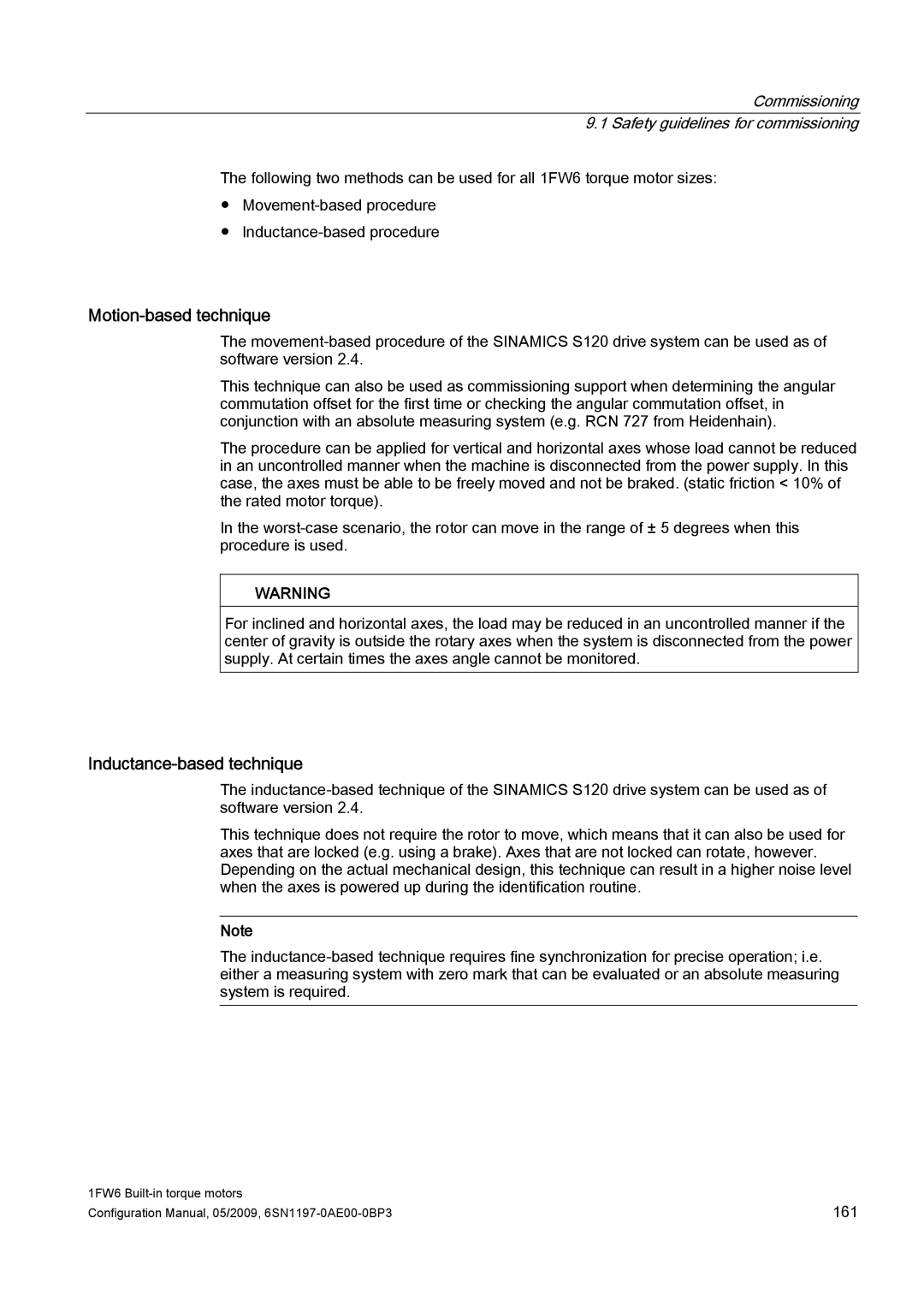 Siemens S120 Motion-based technique, Inductance-based technique, Commissioning 9.1 Safety guidelines for commissioning 