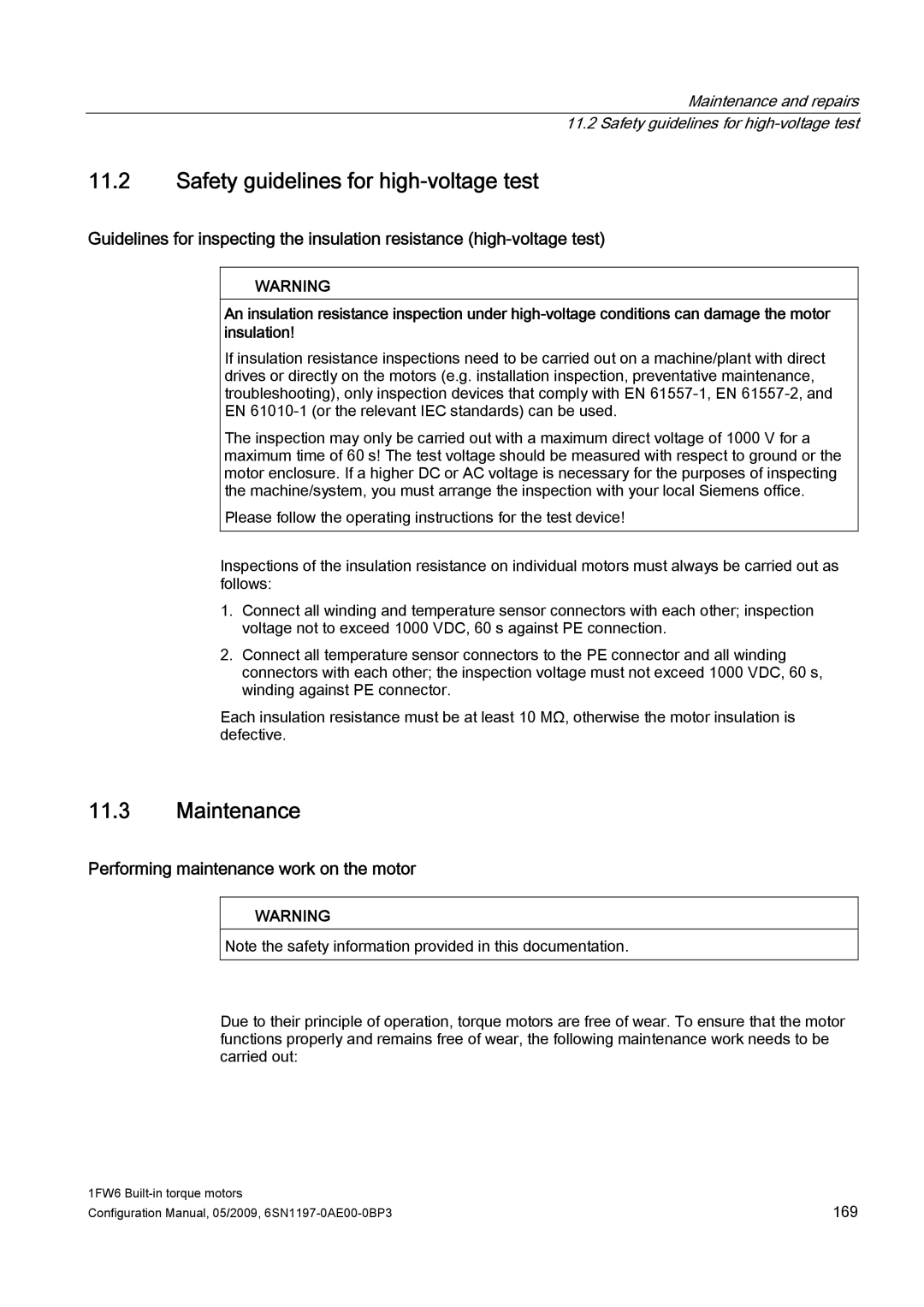 Siemens S120 Safety guidelines for high-voltage test, Maintenance, Performing maintenance work on the motor 