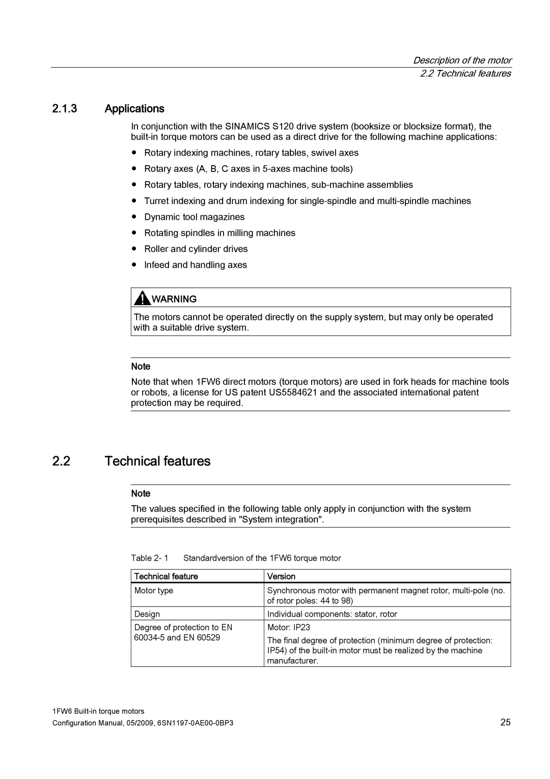 Siemens S120 Applications, Description of the motor 2.2 Technical features, Technical feature Version 