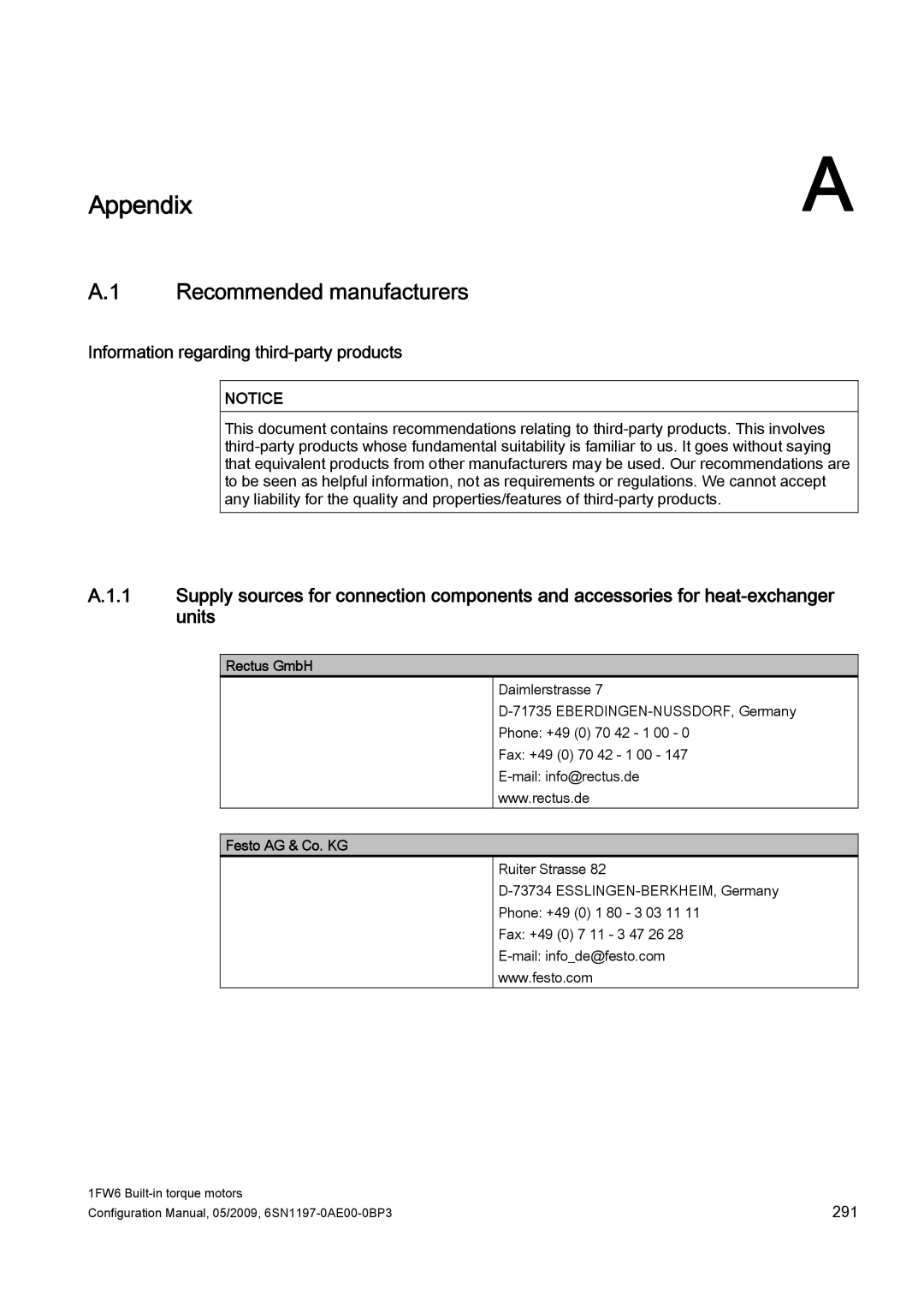 Siemens S120 Recommended manufacturers, Information regarding third-party products, Rectus GmbH, Festo AG & Co. KG 