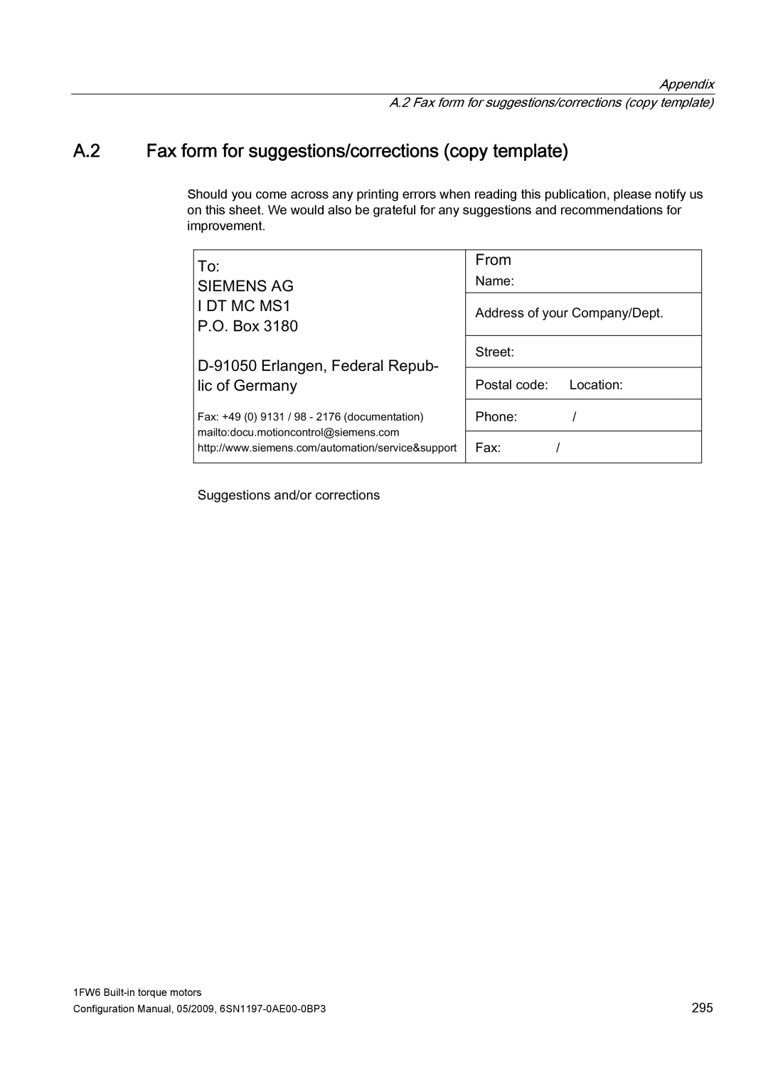 Siemens S120 configurationmanual Fax form for suggestions/corrections copy template 