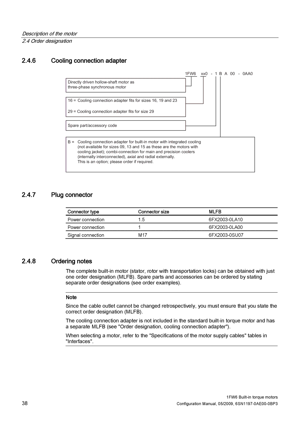 Siemens S120 configurationmanual Cooling connection adapter, Plug connector, Ordering notes, Connector type Connector size 