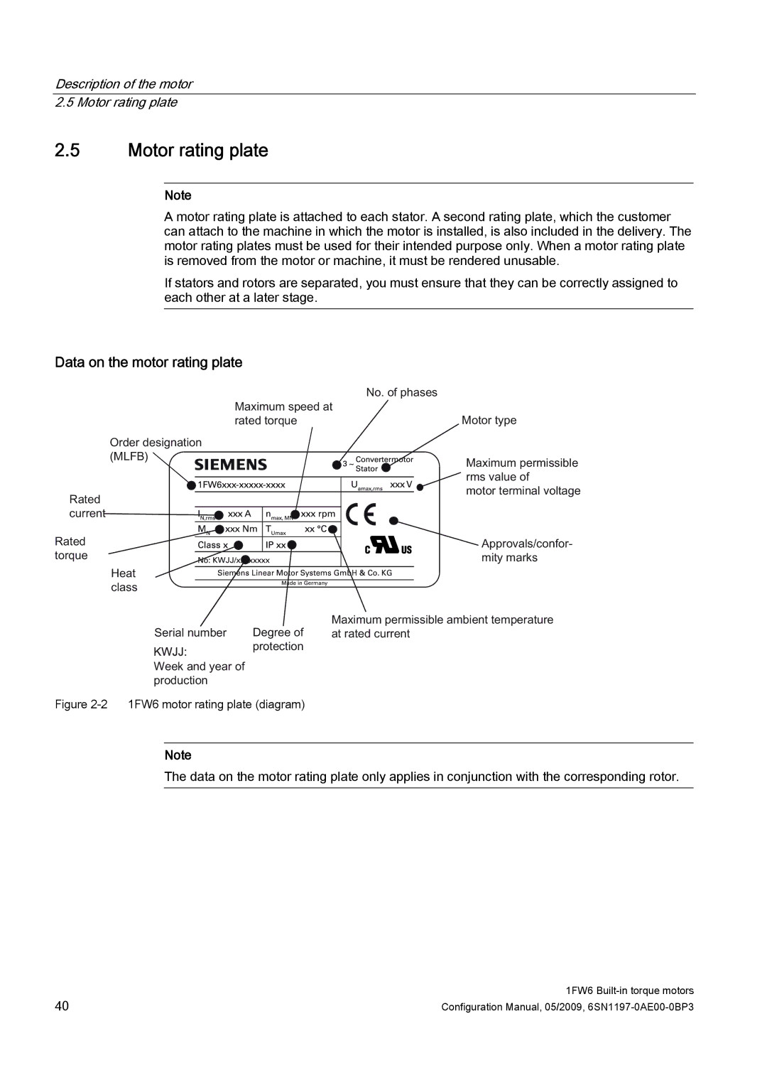 Siemens S120 configurationmanual Data on the motor rating plate, Description of the motor 2.5 Motor rating plate 