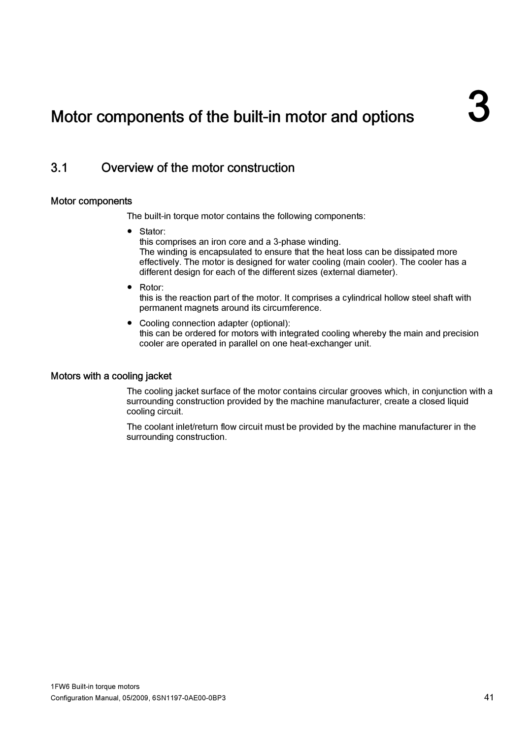 Siemens S120 configurationmanual Overview of the motor construction, Motor components, Motors with a cooling jacket 