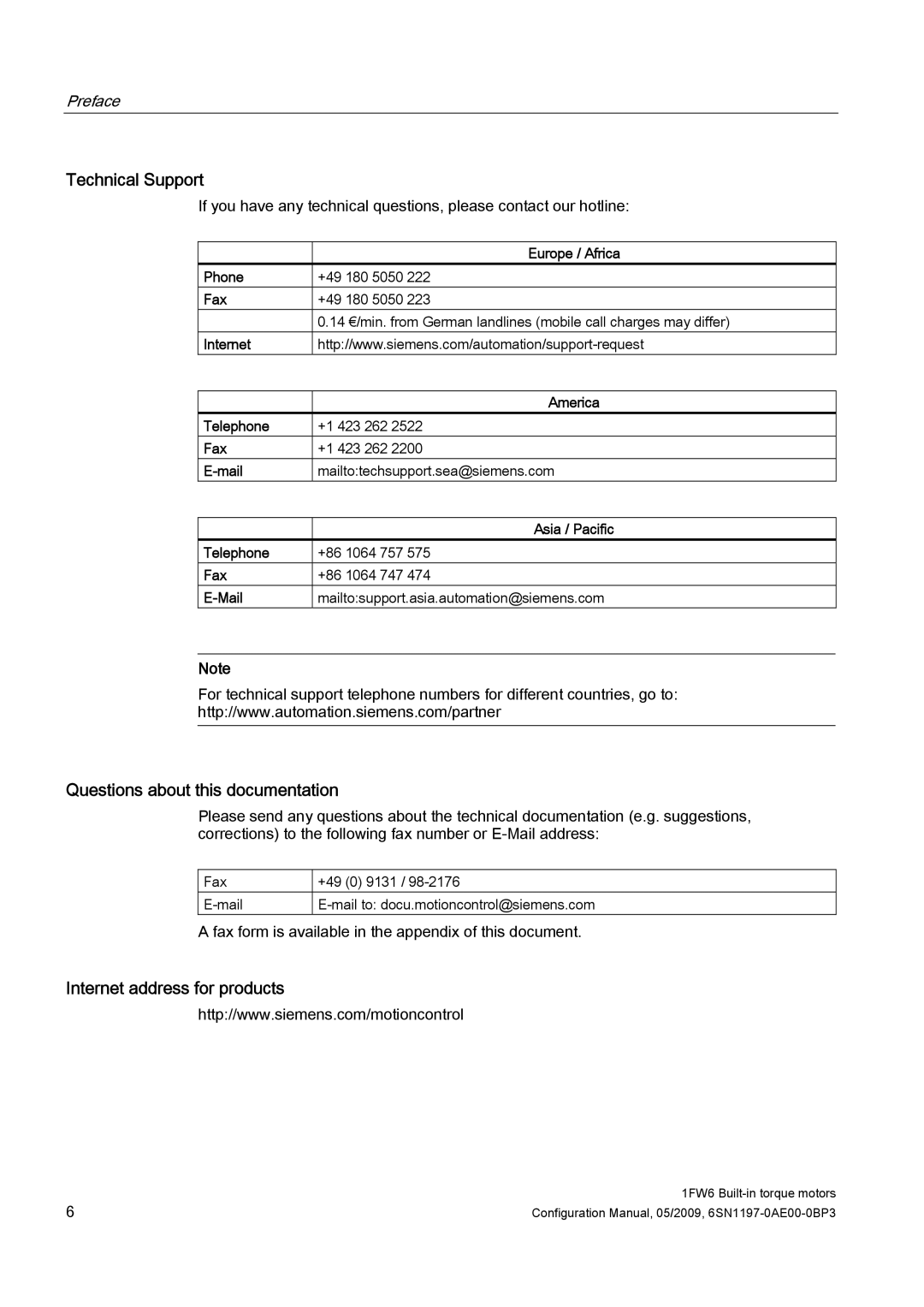 Siemens S120 Technical Support, Questions about this documentation, Internet address for products, Preface 