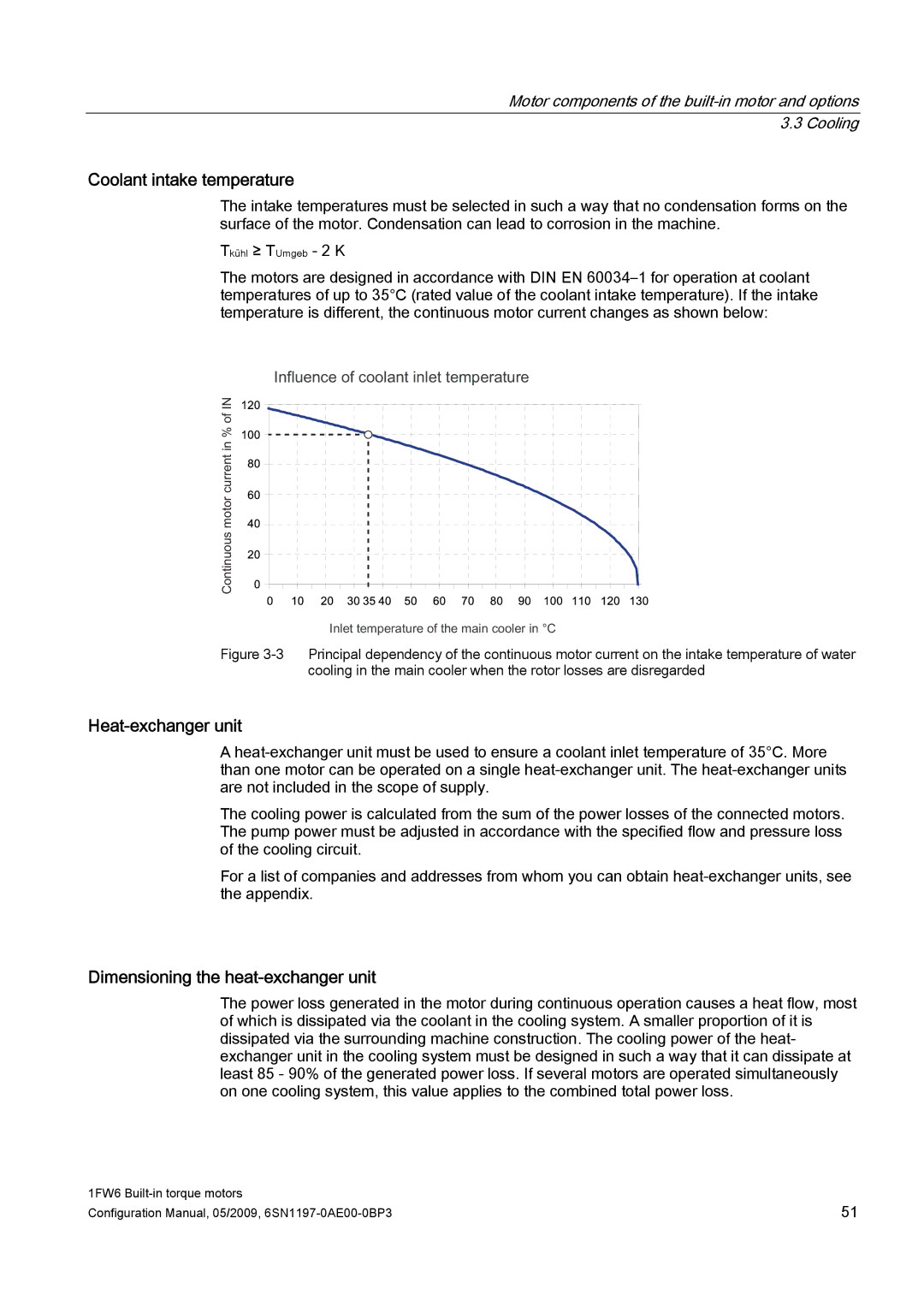 Siemens S120 configurationmanual Coolant intake temperature, Heat-exchanger unit, Dimensioning the heat-exchanger unit 