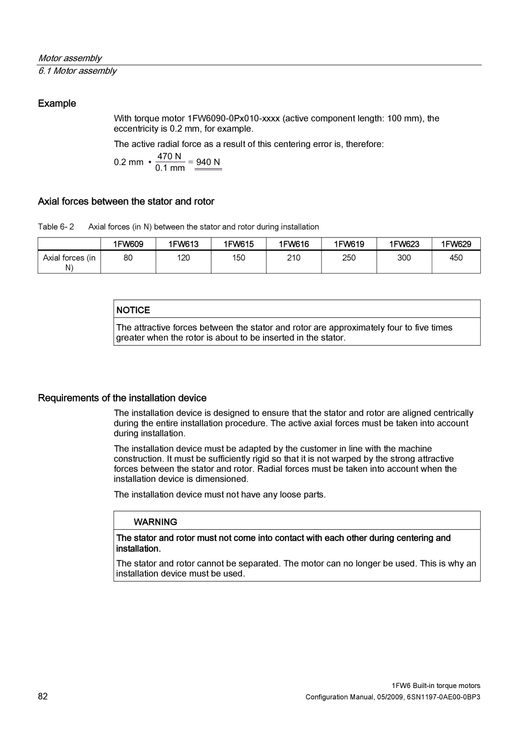 Siemens S120 configurationmanual Axial forces between the stator and rotor, Requirements of the installation device 