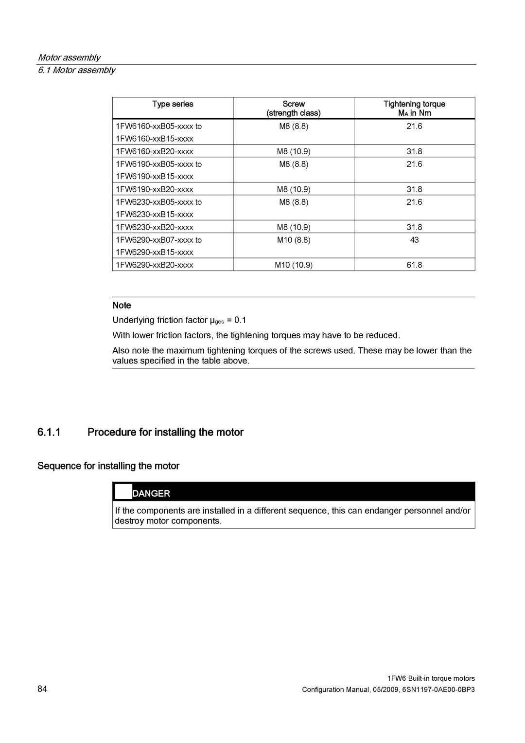 Siemens S120 configurationmanual Procedure for installing the motor, Sequence for installing the motor 