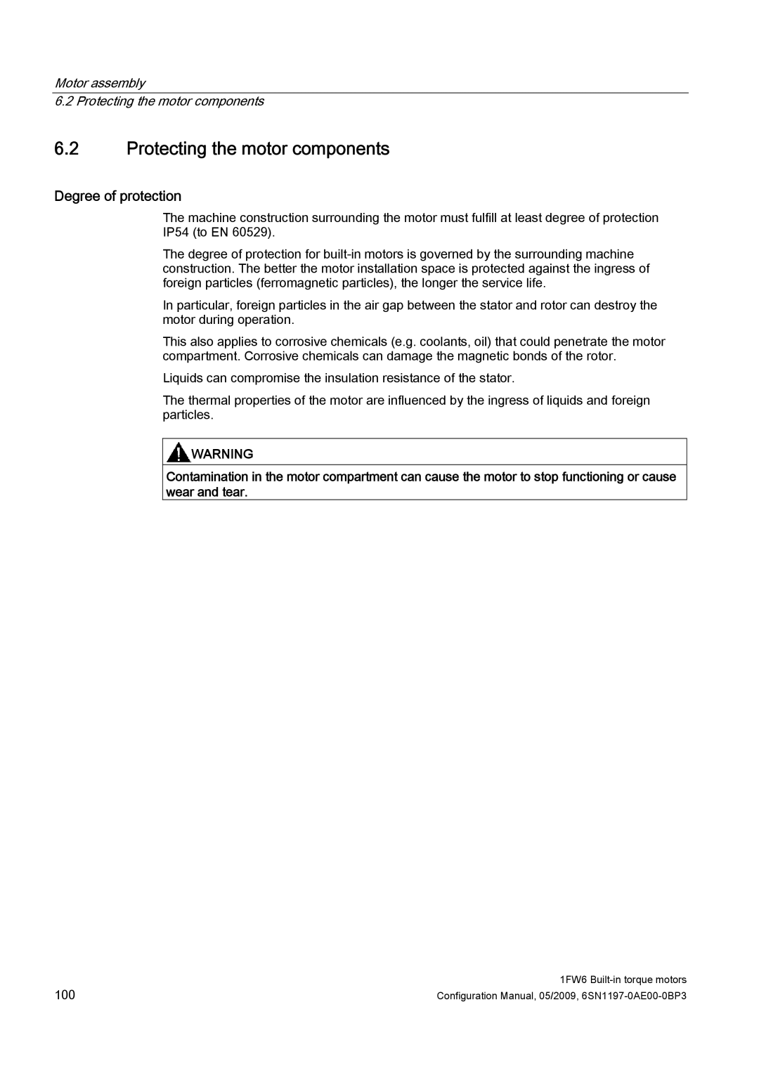 Siemens S120 configurationmanual Degree of protection, Motor assembly Protecting the motor components 