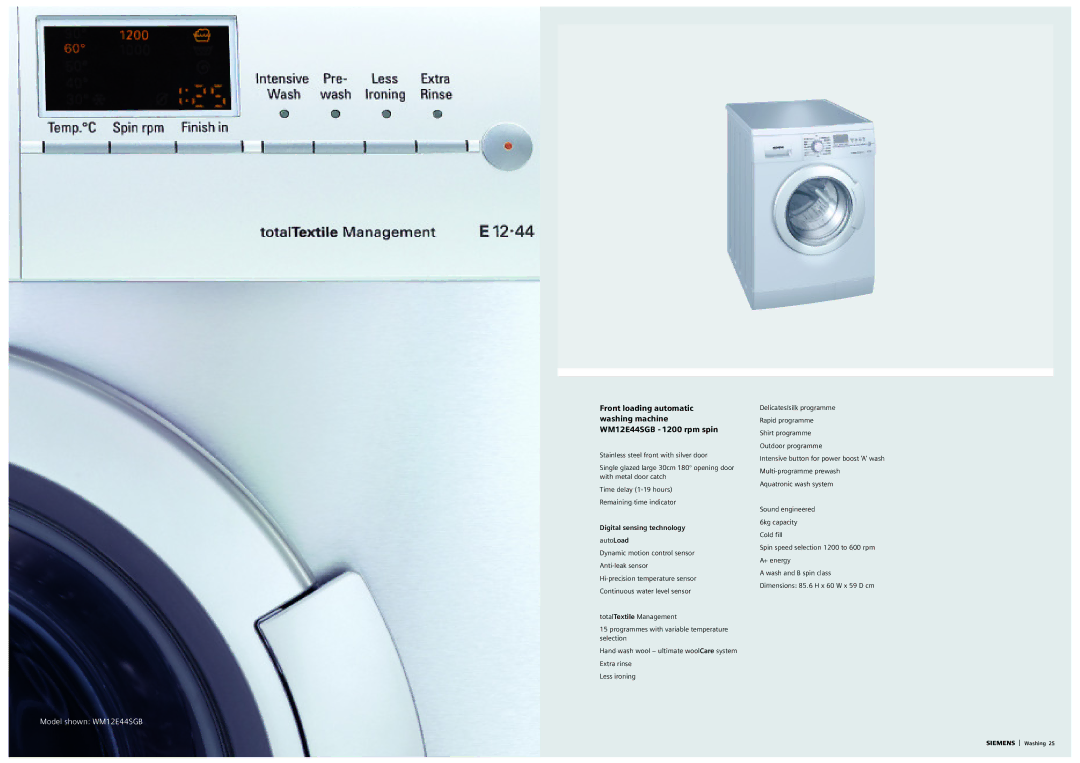 Siemens S16-79 manual Model shown WM12E44SGB 