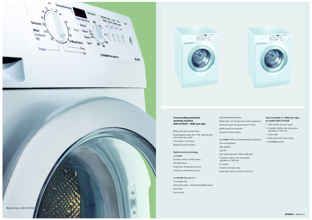 Siemens S16-79 manual Model shown WXL167AUK, Also available in 1400 rpm spin as model WXL147AUK 