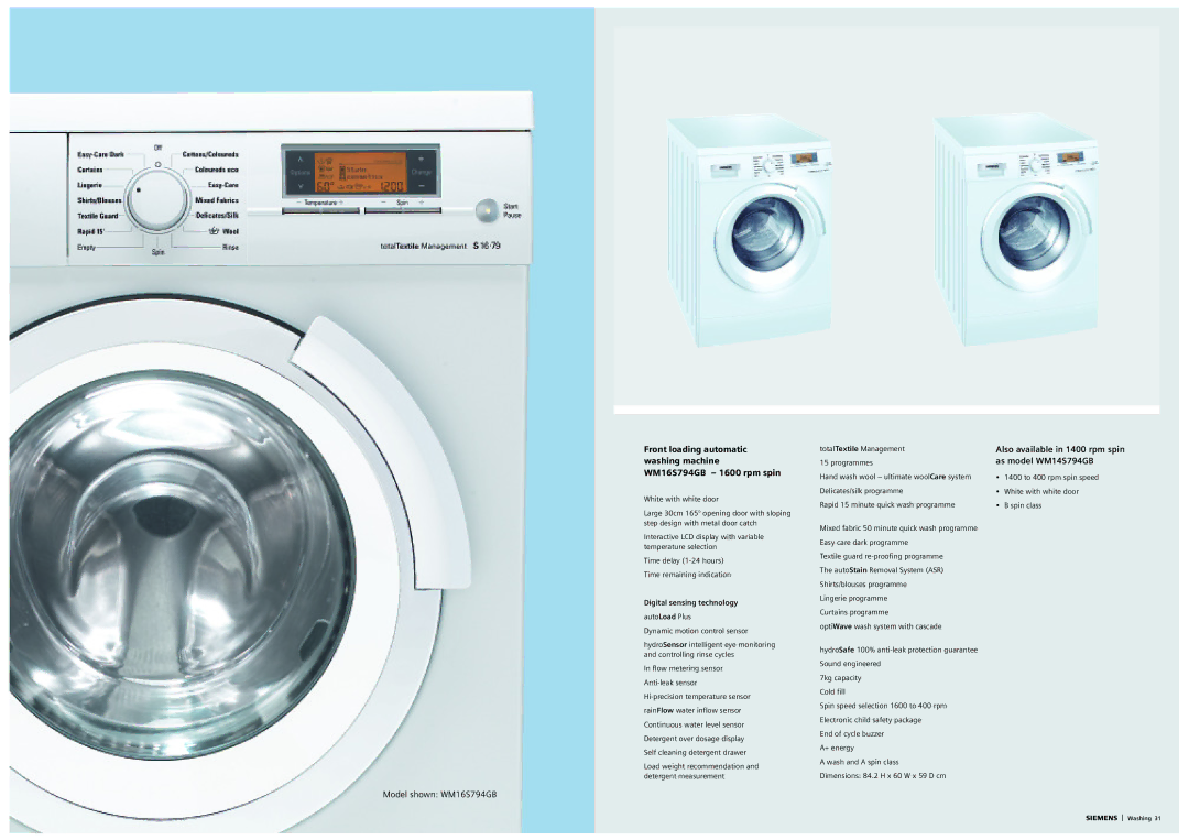 Siemens S16-79 manual Model shown WM16S794GB, Also available in 1400 rpm spin as model WM14S794GB 