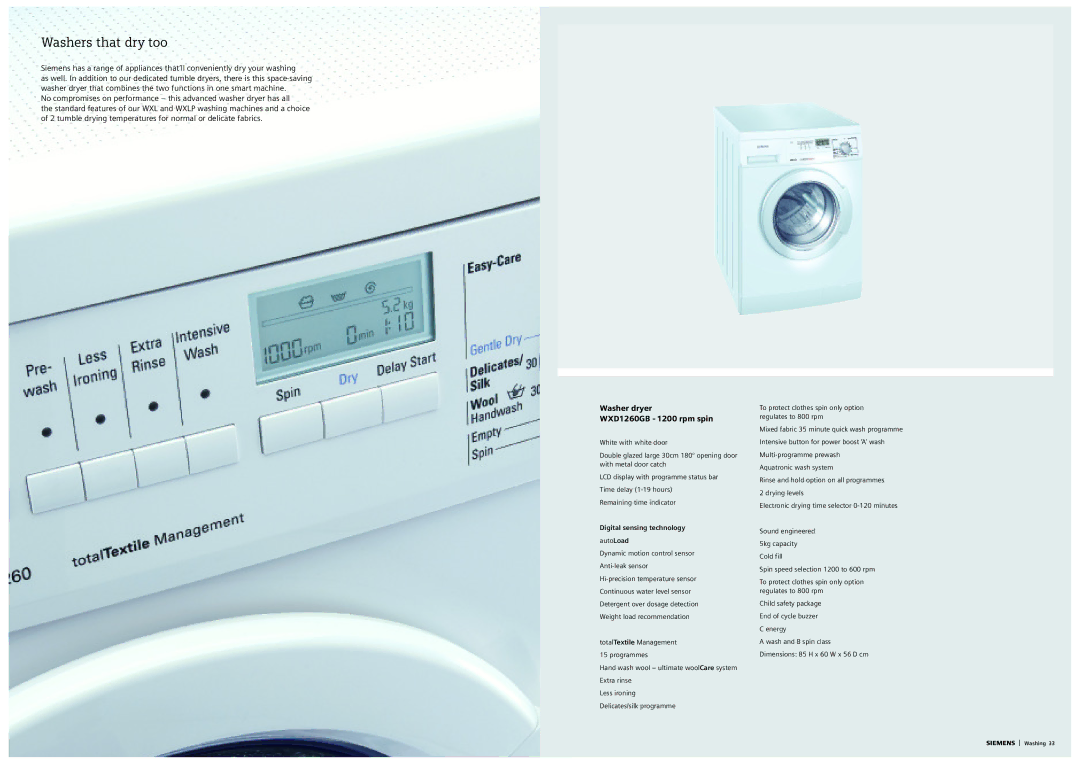 Siemens S16-79 manual Washers that dry too, Washer dryer WXD1260GB 1200 rpm spin 