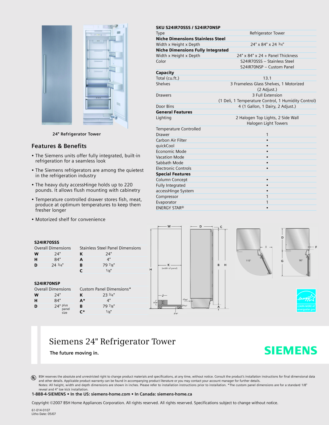 Siemens S24IR70SSS dimensions Siemens 24 Refrigerator Tower, Features & Benefits, The future moving in 